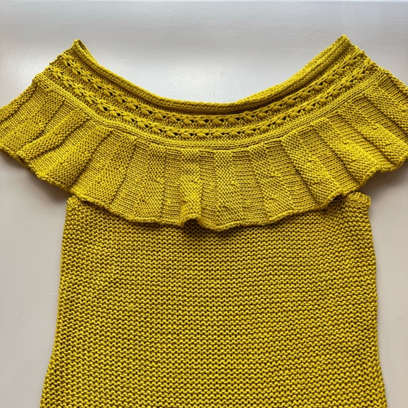 Anthropologie Off The Shoulder Ruffled Knit Cotton Sweater Mustard Crochet M - Picture 8 of 14